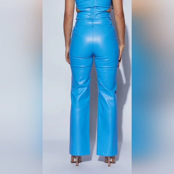MESHKI - Sima Faux Leather High Waist Pants, Azure Blue - Picture 5 of 7